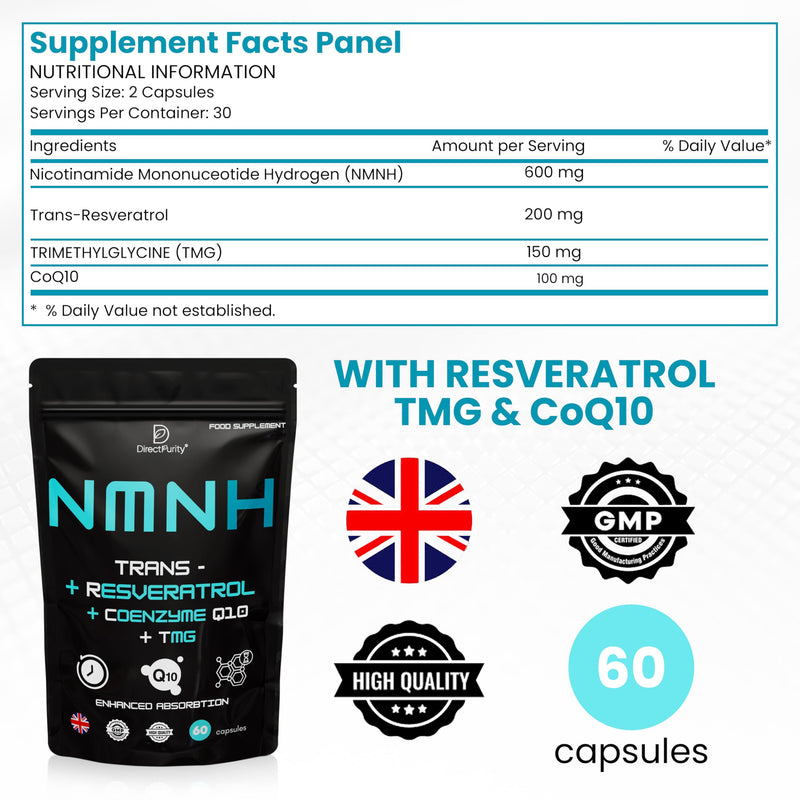 NMNH Supplement 600 mg, with Trans Resveratrol, CoQ10 and TMG, NMNH and resveratrol Supplements Support Cellular Health and Healthy Aging. Boost Vitality and Combat Aging. 1