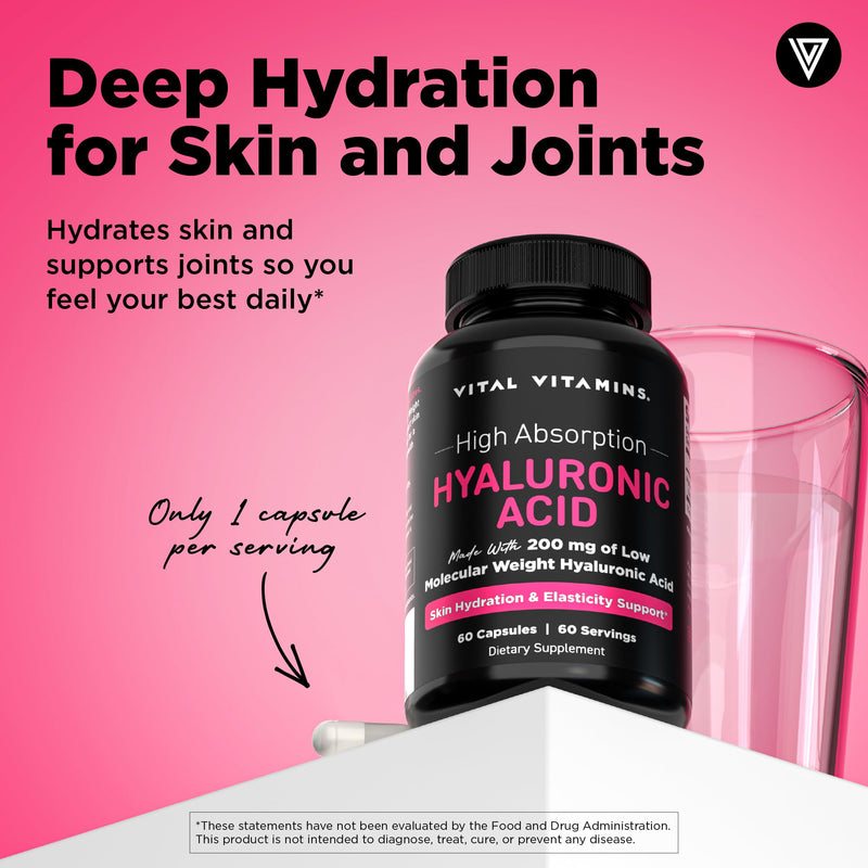 Vital Vitamins Hyaluronic Acid Supplements, 60 Capsules | 200mg Low Molecular Weight HA, Supports Skin Hydration, Elasticity & Joint Comfort, Vegan & Non-GMO 60 Count (Pack of 1) Hyaluronic Acid Pure