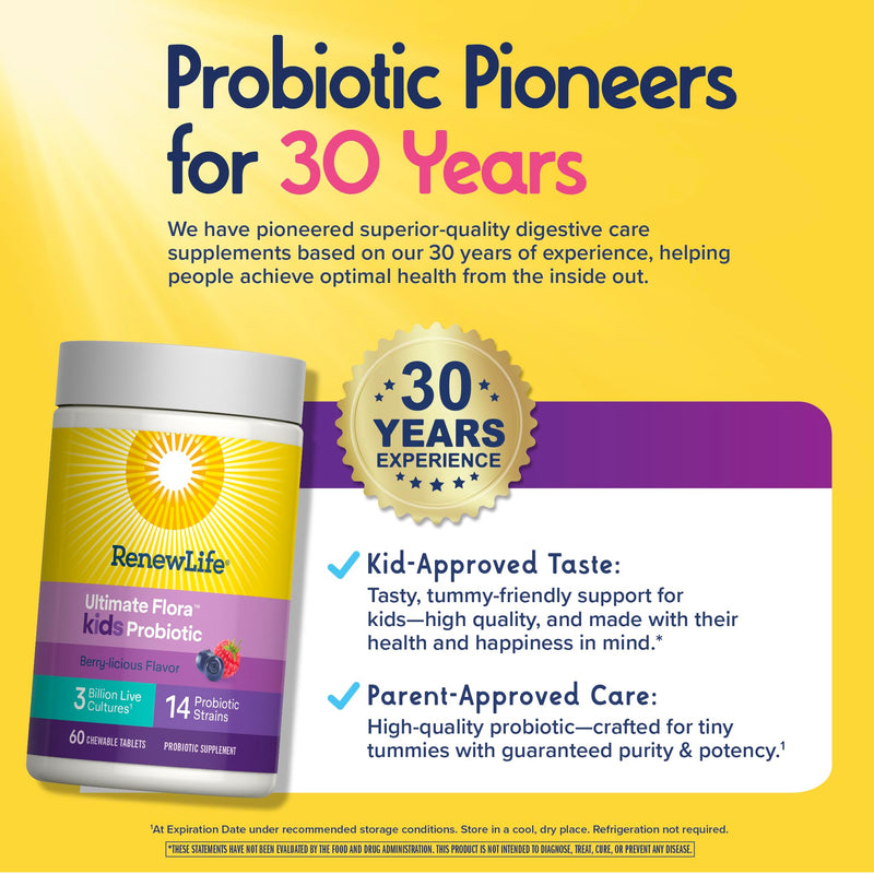 Renew Life Ultimate Flora Kids Probiotic Chewables | 60 Chewable Tablets | 14 Strains | Supports Immune Health | Berry Flavor | Soy, Dairy & Gluten Free 60 Count (Pack of 1)