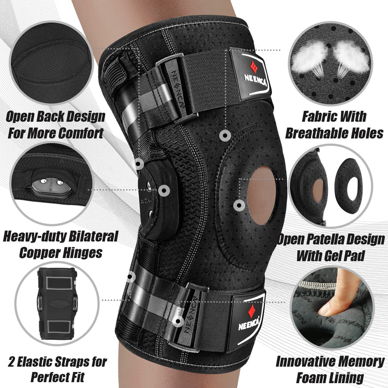 [Australia] - NEENCA Professional Knee Brace for Knee Pain, Adjustable Hinged Knee Support with Removable Side Stabilizers, Strong Stability for Joint Pain Relief, Arthritis, Meniscus Tear, ACL, PCL, Runner, Sports Large Black - Single 