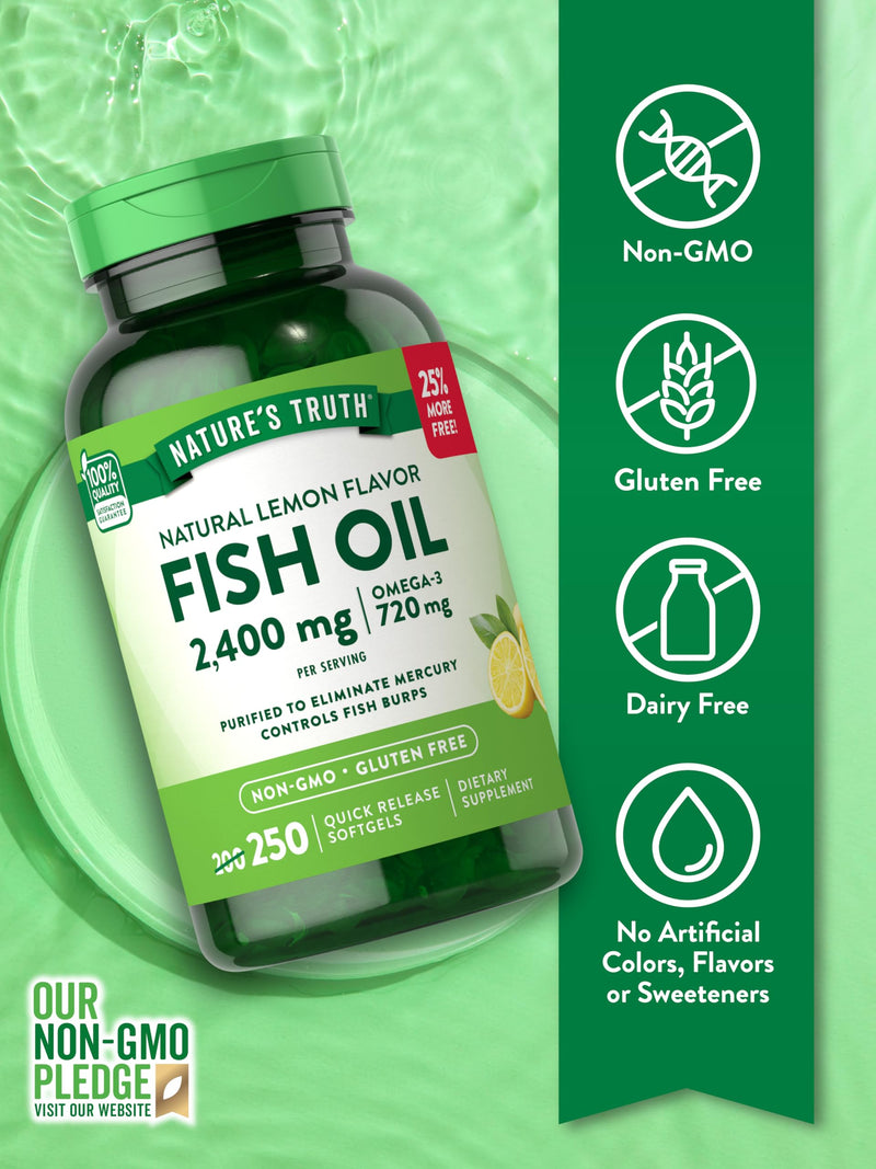 Nature's Truth Burpless Fish Oil 2400mg | 250 Softgels | 720 mg Omega 3 | Natural Lemon Flavor Pills | Non-GMO & Gluten Free Supplement