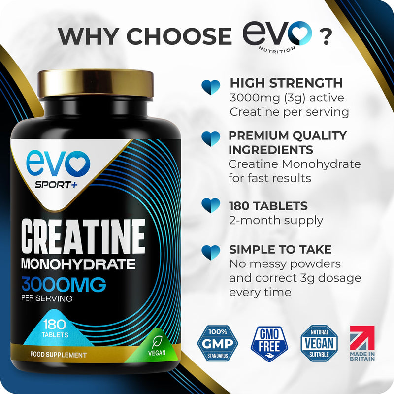 EVO NUTRITION Creatine Monohydrate Tablets 3000mg - 180 Creatine Tablets | Unflavoured Gym Supplement & Powder Alternative for Men & Women | Muscle Mass & Exercise Recovery | Vegan, Keto & Made in UK