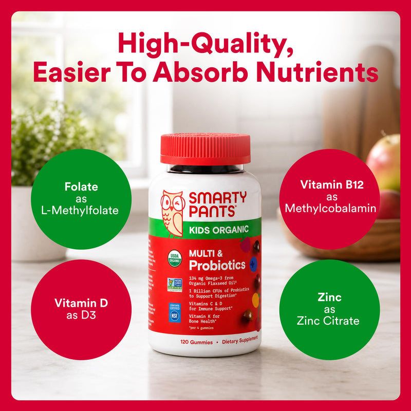 SmartyPants Organic Kids Multivitamin Gummies: Probiotics, Omega 3 (ALA), Vitamin D3, C, Vitamin B12, B6, A, K & Zinc for Immune Support, Biotin, Three Fruit Flavors, 120 Count (30 Day Supply) 30 Servings Organic + Probiotics