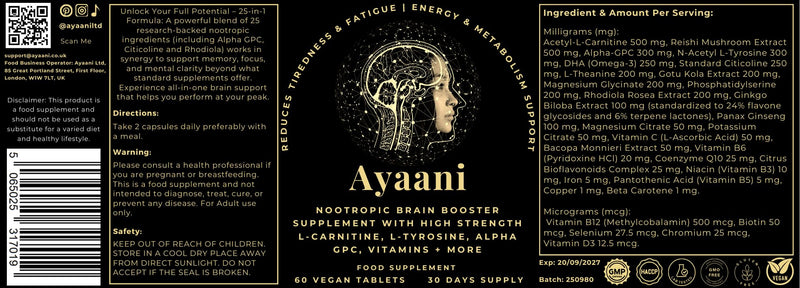 Focus Brain Booster & Memory Supplement | 25-in-1 Caffeine-Free Nootropic with Alpha GPC 300mg, Citicoline & L-Theanine | Brain Fog, Fatigue, Focus & Mental Clarity | 60 Vegan Tablets