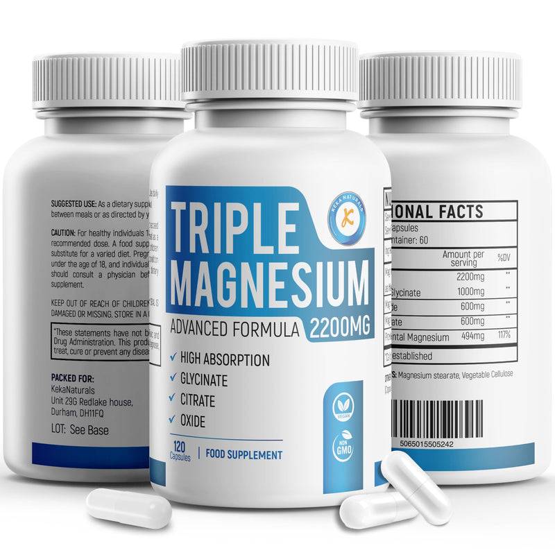 Triple Magnesium Complex 2200mg - Glycinate Citrate Oxide - 3 in 1 Powerful Supplement - 120 Capsules - Vegan