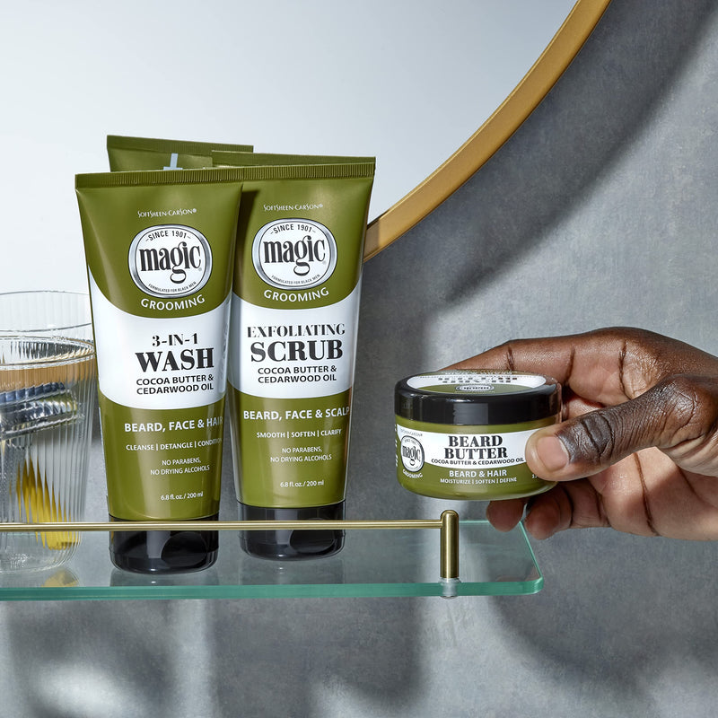[Australia] - Softsheen-Carson Magic Shaving Beard Grooming Kit for Men with Cedarwood Oil, Includes Beard Butter, Scrub and Cleanser, Gift Set for Facial Hair Care,1 kit 