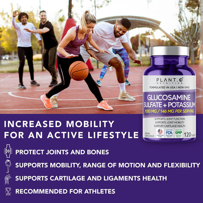 PLANT.O NUTRITION Glucosamine Sulfate with Potassium | Strong Joint Support Supplement | Supports Cartilage and Connective Tissues | Aids Knee and Bone Structure | 120 Tablets 120 Count (Pack of 1)