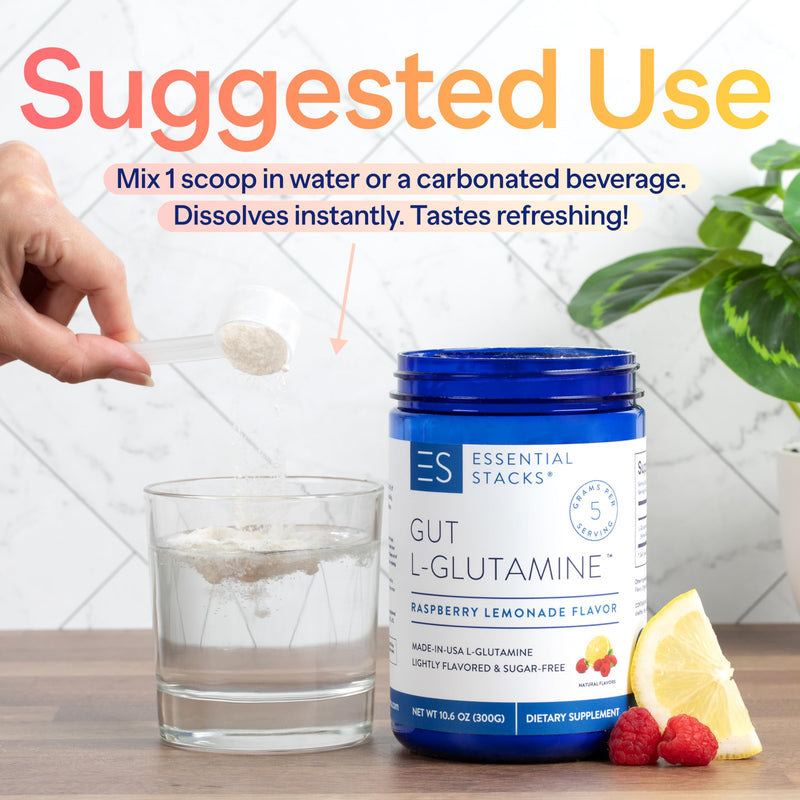 [Australia] - Essential Stacks Flavored Gut L-Glutamine Powder (Raspberry Lemonade) - Sugar Free & Gluten Free - Made with Organic Raspberry & Lemon Flavors (50 Servings) 