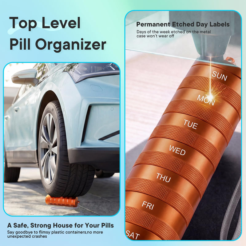 Weekly Metal Pill Organizer 2 Times a Day, Waterproof Travel Pill Case | Aluminum Alloy AM PM Pill Organizer, BPA Free 7 Day Daily Medicine Organizer Holder for Vitamin, Fish Oil, Supplement Orange