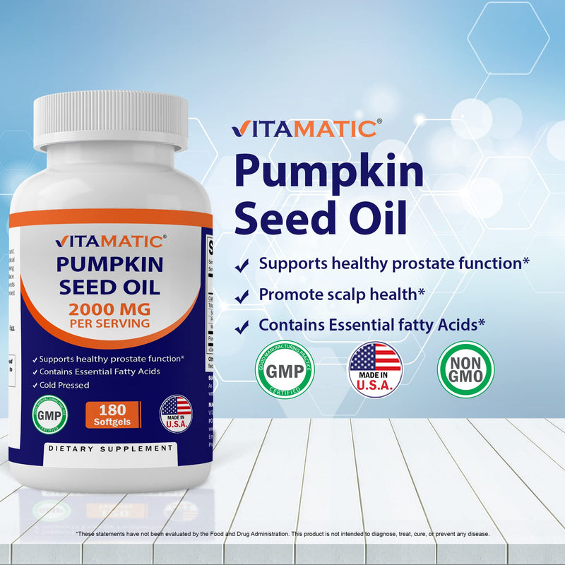 [Australia] - Vitamatic Pumpkin Seed Oil 2000mg Softgel Capsules per Serving - 180 Softgels - 1000mg per softgel 180 Count (Pack of 1) 