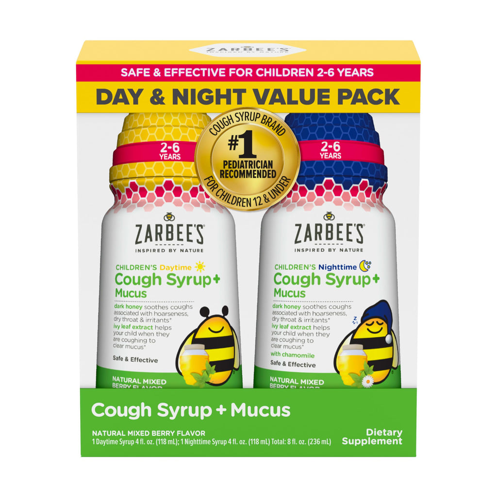 Zarbee's Kids Cough + Mucus Day/Night Value Pack for Children 2-6 with Dark Honey, Ivy Leaf, Zinc & Elderberry, 1 Pediatrician Recommended, Drug & Alcohol-Free, Mixed Berry Flavor, 2x4FL Oz Day & Night Combo Pack - Mixed Berry