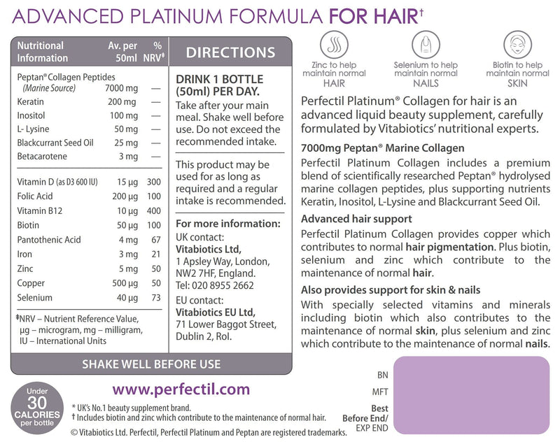 Perfectil Platinum Collagen Drink Supplement for Women Hair - 10 x 50 ml vials 10 x 50 ml Collagen Drink for Hair