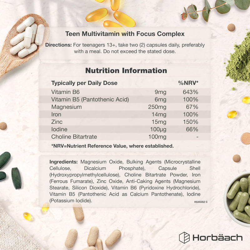 Multivitamin Tablets for Teenagers with Focus Complex | 180 Capsules | High Strength Complex with Vitamin B6, B5, Magnesium, Iron and Zinc | Vegan Supplement for Teens 13+ | By Horbaach