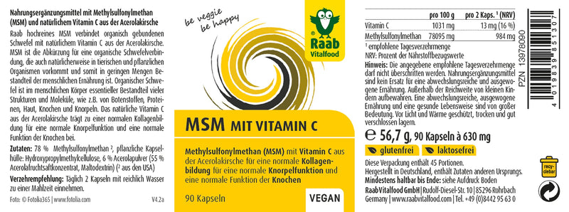 [Australia] - Raab Vitalfood MSM capsules, vegan, gluten-free, methylsulfonylmethane, vitamin C for normal collagen formation, normal cartilage function, 100% high-quality MSM from the USA (1x 90 capsules) 