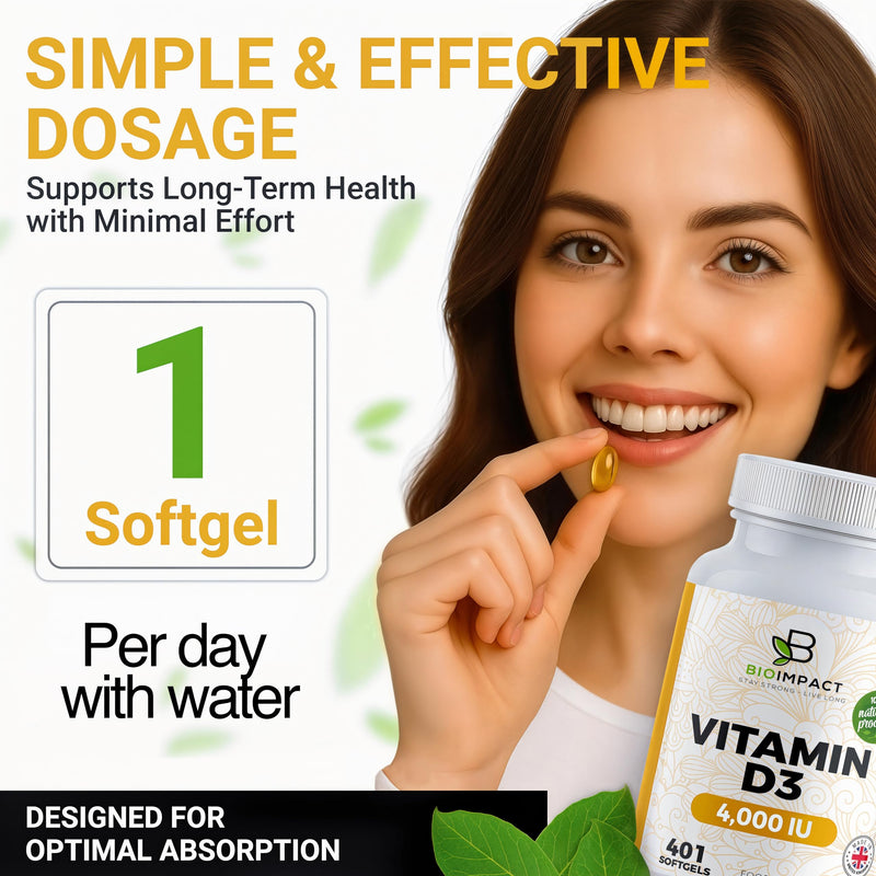 Vitamin D3 4,000 IU Softgel Tablets | High Strength | Premium Olive Oil | 401 Easy to Swallow Softgels | 1 Year+ Supply | Supports Immune System | Non-GMO & Gluten-Free | UK Manufactured