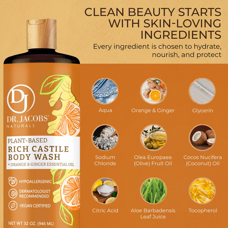 Dr. Jacobs Naturals Pure Castile Soap Liquid Body Wash, Orange & Ginger - Plant Based Soap Infused with Vitamin E & Aloe Vera to Moisturize Dry and Sensitive Skin - Made in The USA - 16 oz Orange-Ginger 16 Fl Oz (Pack of 1)
