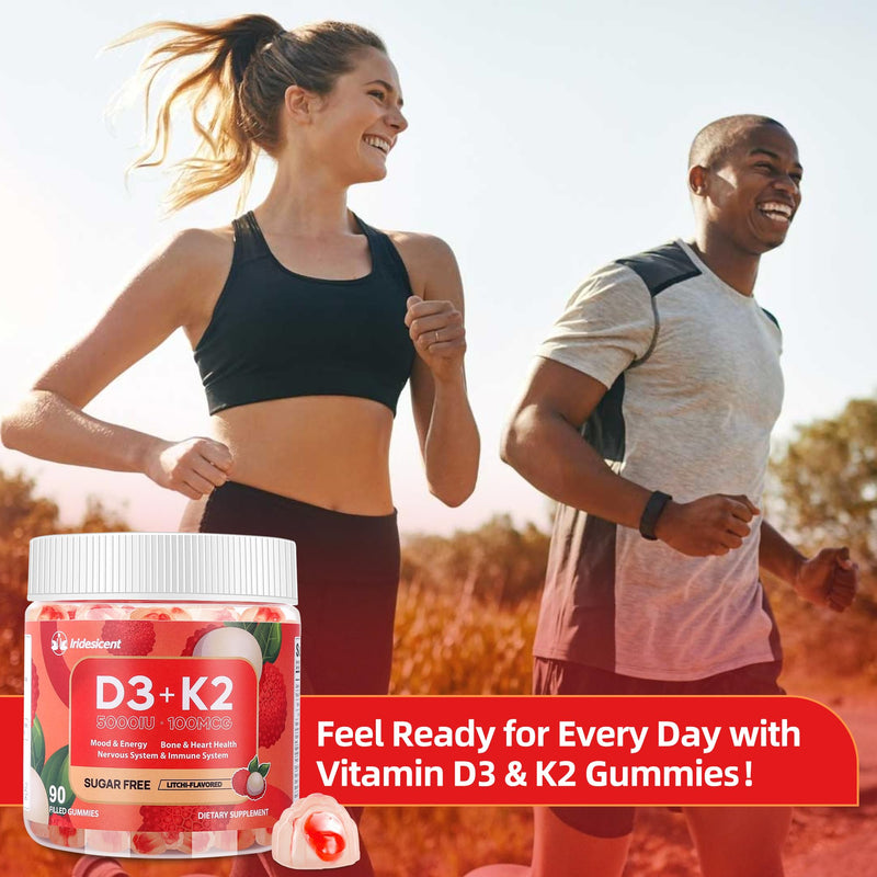 Vitamin D3 K2 Gummies, 5000 IU D3 + 100mcg K2, 90 Count | D3 K2 Supplement with MK-7, Sugar Free Vegan Gummies, Supports Bone Health for Adults, Lychee Flavor 90 Count (Pack of 1)