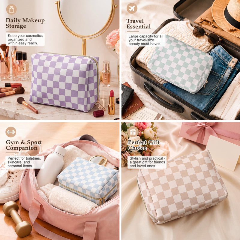 FoldTier 6 Pcs Checkered Makeup Bag Bulk for Women | Travel Cosmetic Bag with Zipper Organizer Toiletry Pouch 8.7 x 5.9 x 3.9 Inch Pencil Pouch for Purse Party Favor