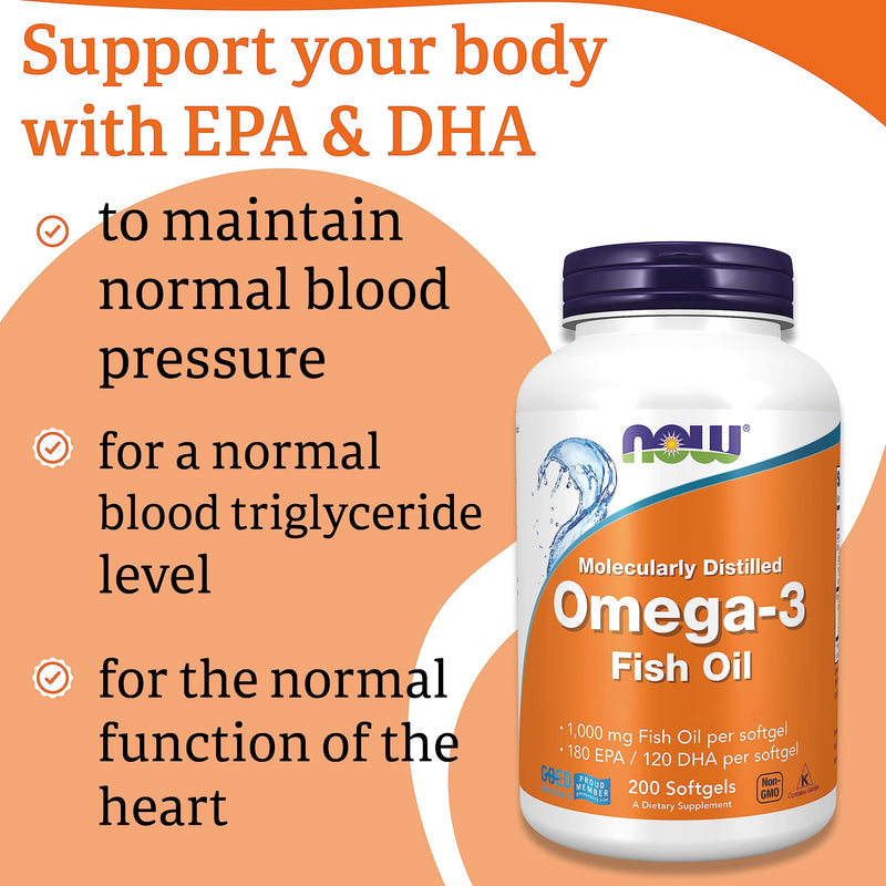 Now Foods, Molecularly Distilled Omega-3, with EPA and DHA, High Dose, 200 Softgels, Lab-Tested, SOYA Free, Gluten Free, Non-GMO