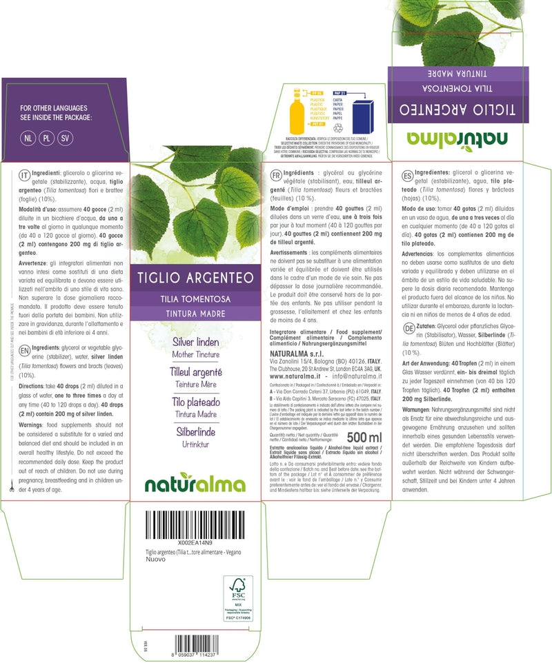 Silver Linden (Tilia tomentosa) Flowers and bracts (Leaves) Alcohol-Free Mother Tincture Naturalma - Liquid Extract Drops 500 ml - Food Supplement - Vegan 500 ml (Pack of 1)