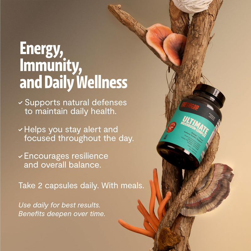 FreshCap Mushrooms Premium Organic Ultimate Mushroom Supplement - 12:1 Fruiting Body Extract with 29% Beta-Glucans - 3rd-Party Tested Nootropic for Energy, Focus & Immune Support (120 Capsules) 120 Count
