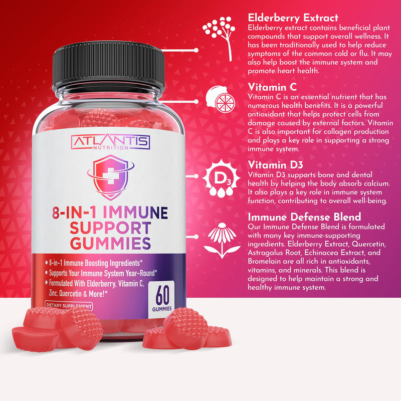 Atlantis Nutrition 8-in-1 Immune Support Gummies with Elderberry | Immune Supplement with Elderberry, Quercetin, Zinc, Vitamin C - Immunity Boosters for Adults & Kids - Delicious Flavor - 60 Count 60 Count (Pack of 1)
