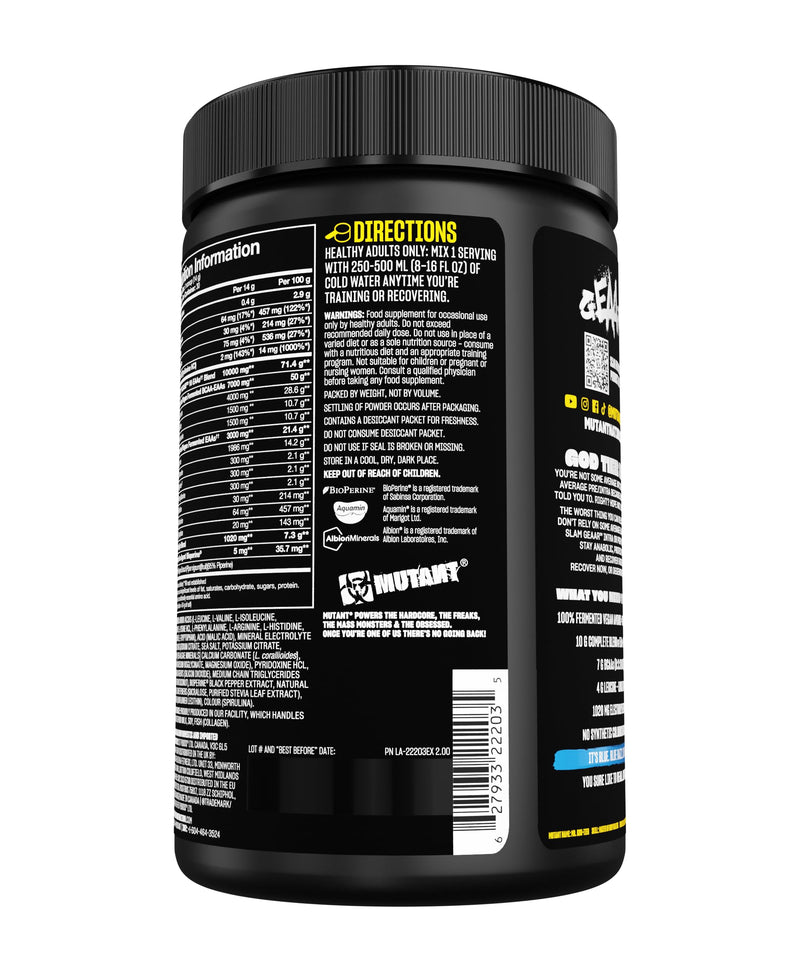 MUTANT GEAAR | 9.4g of EAA Powder + Arginine, 7g BCAAs, 4g Leucine, Electrolytes, Coconut Water, No Artificial Colours or Flavours | 30 Servings | Blue Raspberry
