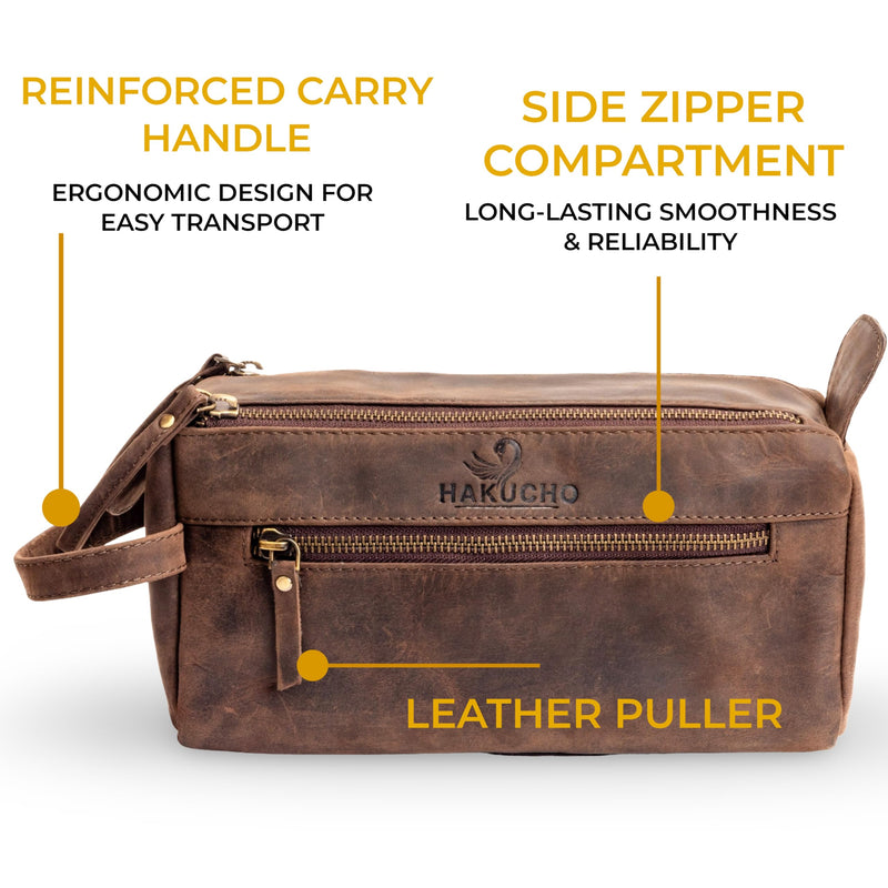 Full Grain Leather Toiletry Bag for Men & Women – Water-Resistant Travel Shaving Kit Organizer with YKK Zipper, Spacious Bathroom Grooming & Cosmetic Storage Case, Dark Brown 1
