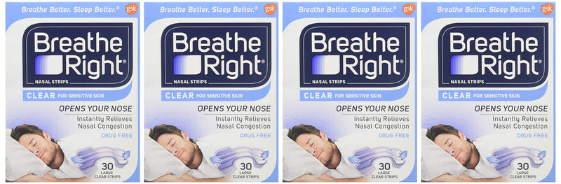 [Australia] - Breathe Right Nasal Strips Clear for Sensitive Skin Large, 30 Count (Pack of 4) 