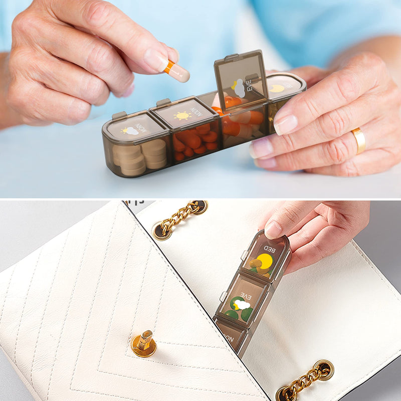 Acedada Pill Organizer 4X A Day, 7 Day Pill Box 4 Times A Day, Brown | Large Weekly Pill Box, Travel Medicine Organizer Case, Easy to Open, Daily Pill Container for Vitamin, Fish Oil, Supplements
