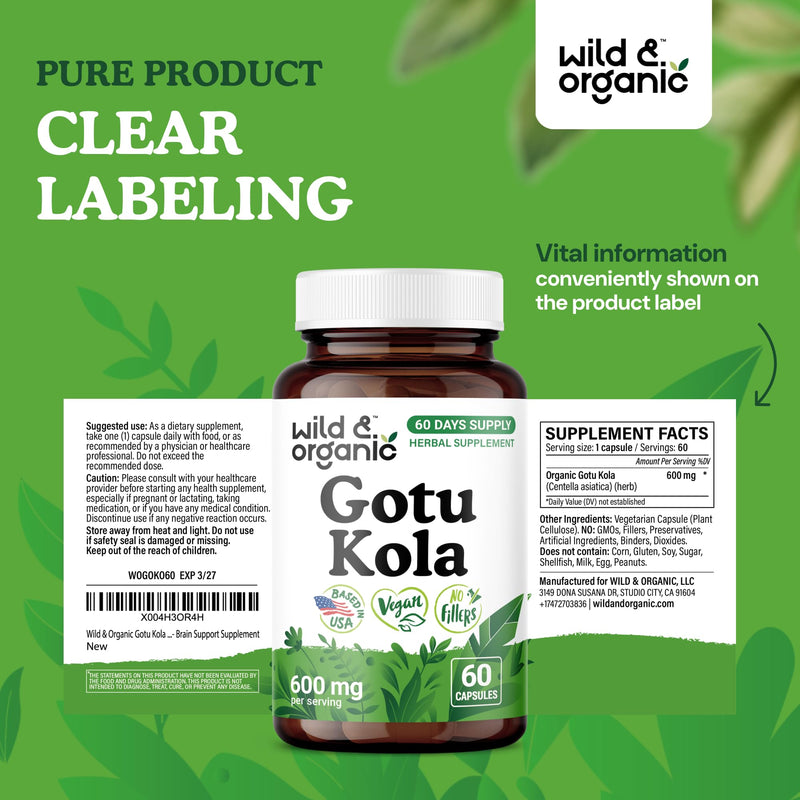 [Australia] - Wild & Organic Gotu Kola Capsules 600 mg - Brain & Focus Support - Gotu Kola Powder Supplement - Centella Asiatica Extract - 60 Days of Supply - Vegan, No Fillers, Non-GMO - 60 Count 