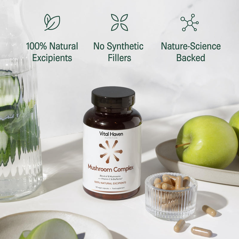 Mushroom Supplement - Lions Mane, Reishi, Cordyceps, Shiitake, Maitake, Chaga, Agaricus Blazei, Tremella with VIT C - UK Made