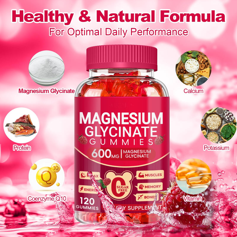 Magnesium Glycinate Gummies 600mg, Sugar Free Magnesium Gummies for Adults | High Absorption Magnesium Supplement, Chewable Potassium Supplements for Body Support, Zzz and Relaxation, 120 Count Raspberry 120 Count (Pack of 1)