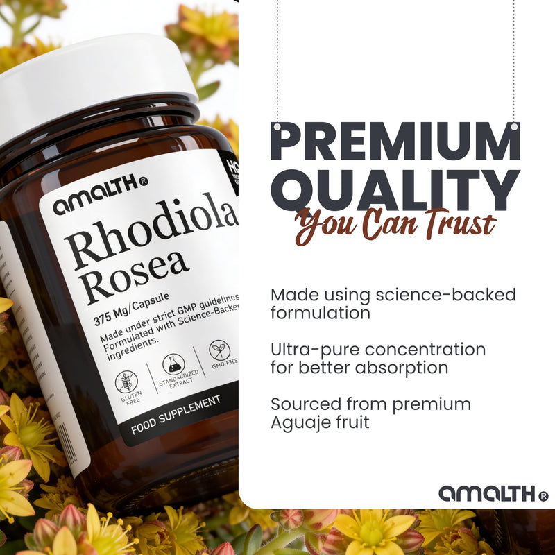 Amalth Rhodiola Rosea Capsules 375mg per Capsule | Standardised 3% Rosavins & 1% Salidroside | with Black Pepper Extract | Botanical Food Supplement | 180 Vegan Capsules