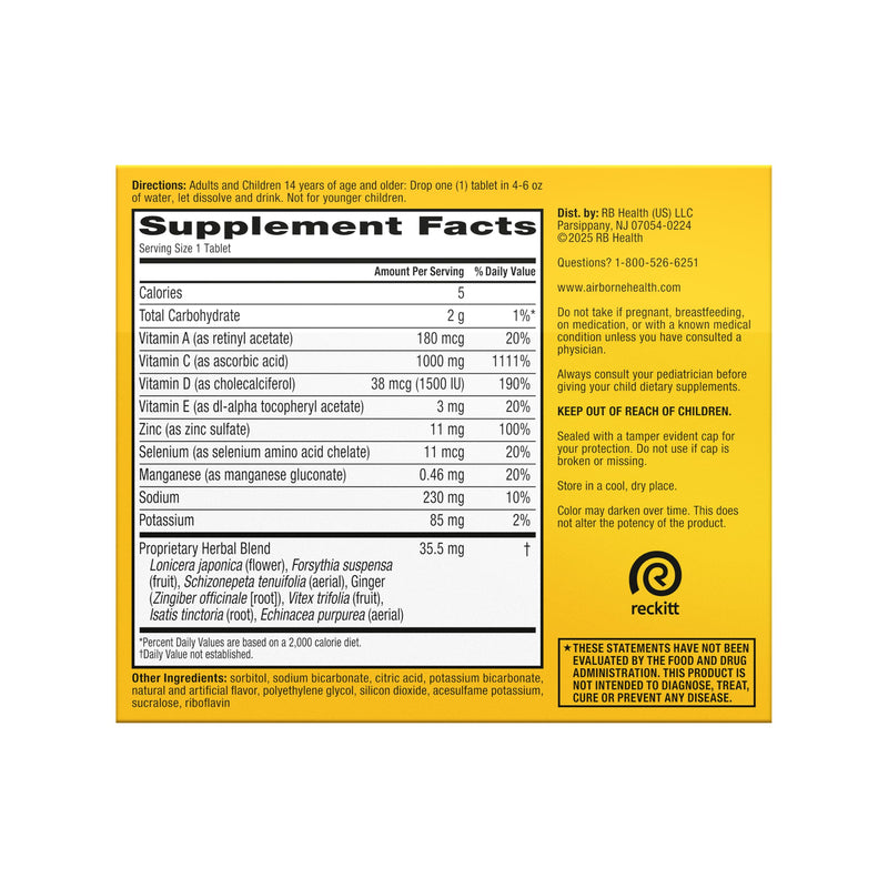 Airborne Immune Support Effervescent Tablets, Zesty Orange Flavor - 30ct with 1000mg Vitamin C + Vitamins A, D, E, Zinc, Selenium, Manganese & Herbal Blend - Sugar‑Free, Gluten‑Free Citrus 30 Count (Pack of 1)