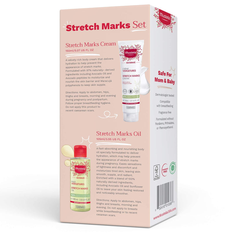 [Australia] - Mustela Maternity Stretch Marks Set - Natural Pregnancy Skincare - Contains Stretch Marks Cream & Belly Oil - EWG Verified & Fragrance-Free - 2 Items Set 
