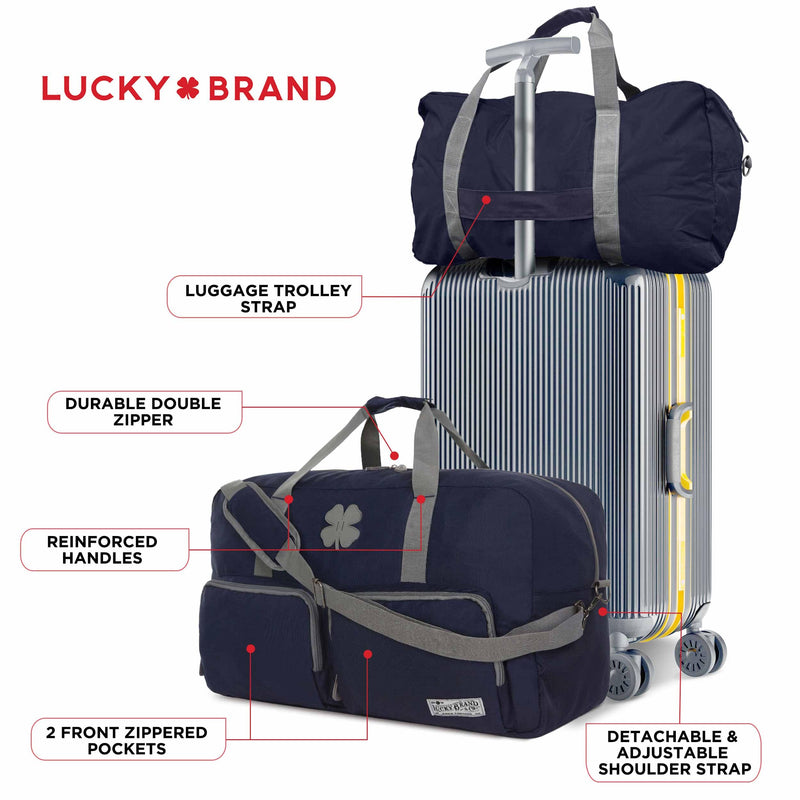 Lucky Brand Large Duffle Bag for Travel, Foldable Weekender Overnight Bag | Travel Duffel bag, Adjustable Shoulder Strap, Front Zip Pockets, Spacious Capacity, Unisex Lightweight Travel Bag for Flights Navy 65L