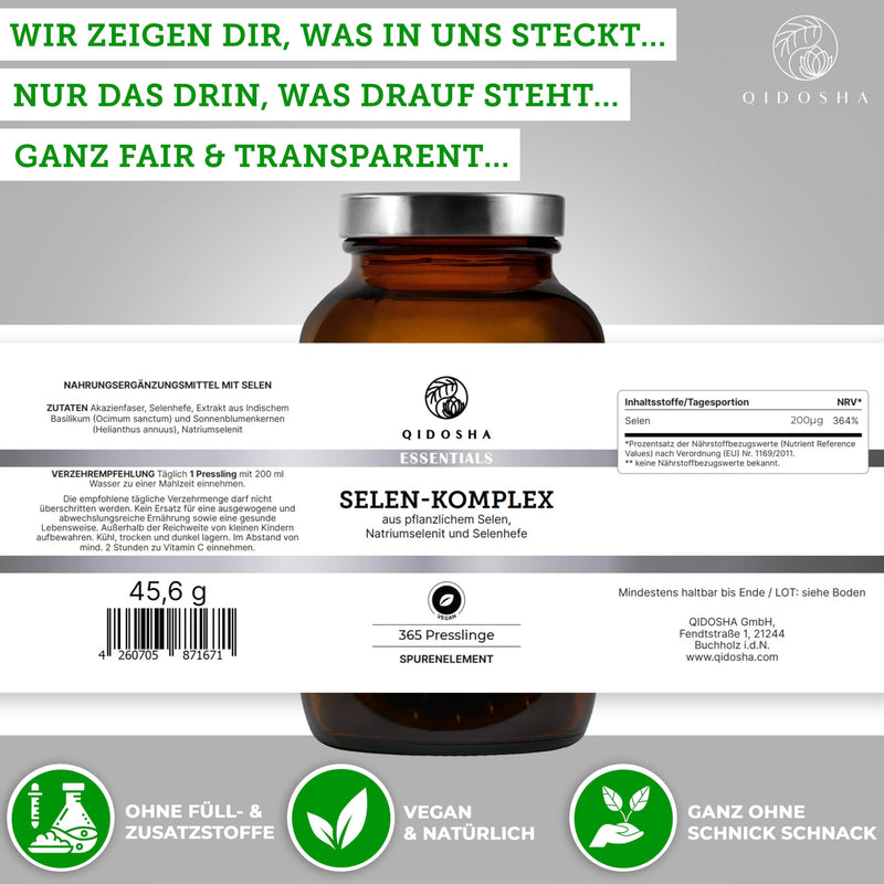 [Australia] - QIDOSHA® Selenium complex, 365 tablets with 200µg selenium each, complex made from plant-based selenium, sodium selenite and selenomethionine, vegan, German production, each batch laboratory tested, high-dose selenium 