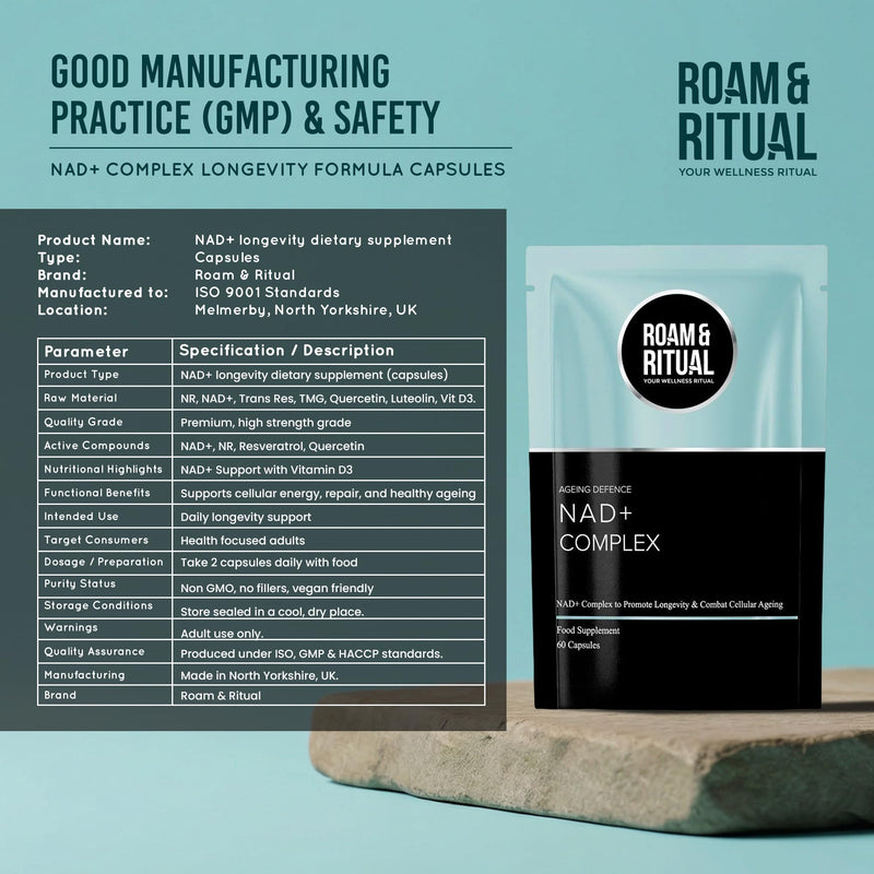NAD+ Capsules - Complex Longevity Formula with NAD Plus, Nicotinamide Riboside, Resveratrol, TMG & Luteolin | Cellular Energy Support | UK Made Supplement | 60 Vegan Capsules by Roam & Ritual™