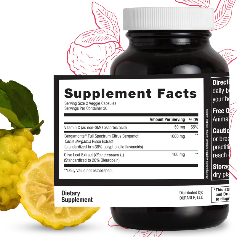 [Australia] - Durable Heart ‚Äì Bergamonte Citrus Bergamot 1,000 mg + Olive Leaf Extract + Vitamin C - Heart Health Supplement for Healthy Cholesterol - Doctor Formulated, Vegan, Non-GMO, Made in USA (60 Capsules) 60 Count (Pack of 1) 