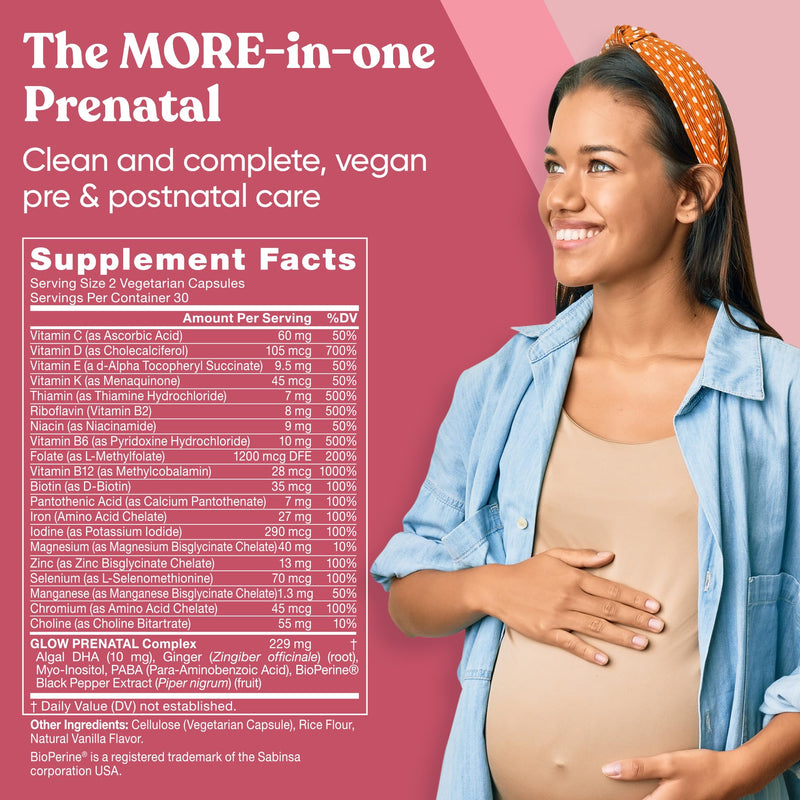[Australia] - Glow Prenatal Vitamins for Women – 20-in-1 Vital Nutrients for Healthy Pregnancy and Fetal Development – Folic Acid & Vegan DHA For Baby's Growth & A Comfortable Pregnancy – 60 Nourishing Capsules Glow Prenatal (60 Count) 