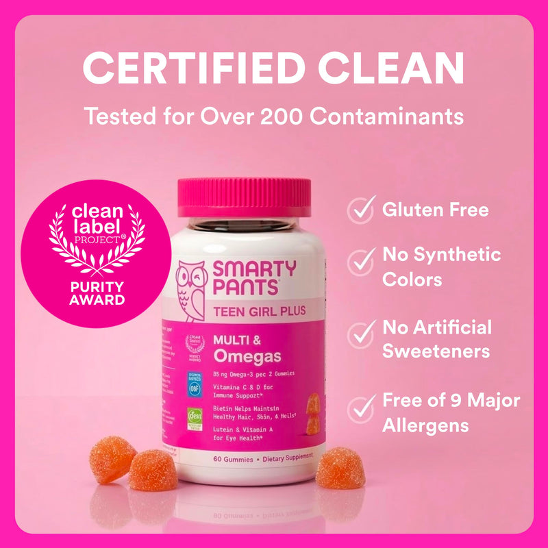 SmartyPants Teen Girl Multivitamin Gummies, Omega 3 (DHA/EPA), Vitamin C, D3, B12, Vitamin A, K & Zinc, Biotin to Support Hair, Skin & Nails, Gluten Free, 60 Count (30 Day Supply) Multi + Omega