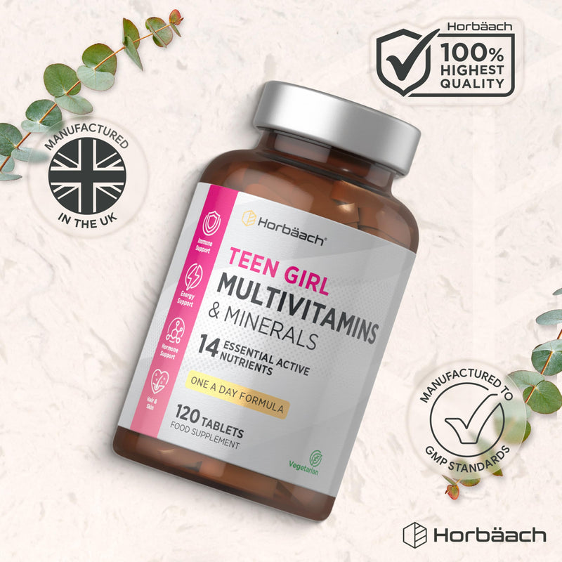 Multivitamin Tablets for Teen Girls | 120 Count | 14 Essential A-Z Vitamins and Nutrients | with Iron, Vitamin B12, Folic Acid and Magnesium | Vegetarian | By Horbaach