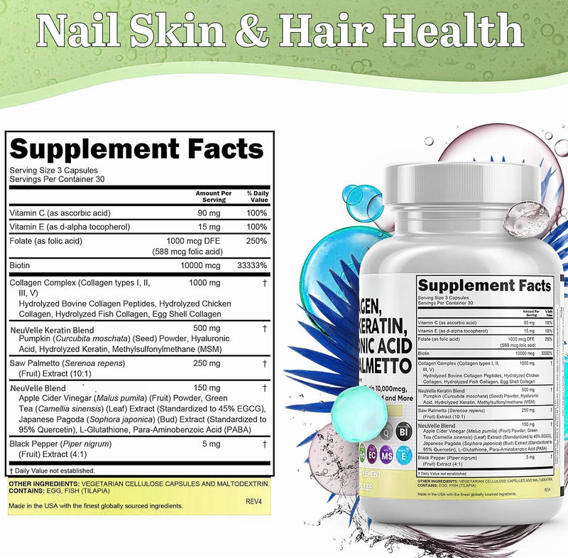 16 in 1 Collagen Supplement - Peptides Types I,II,III & V with Biotin, Keratin, Hyaluronic Acid, Saw Palmetto, Vitamins C & E, Apple Cider Vinegar & PABA - Nail Skin & Hair Health Support Capsules