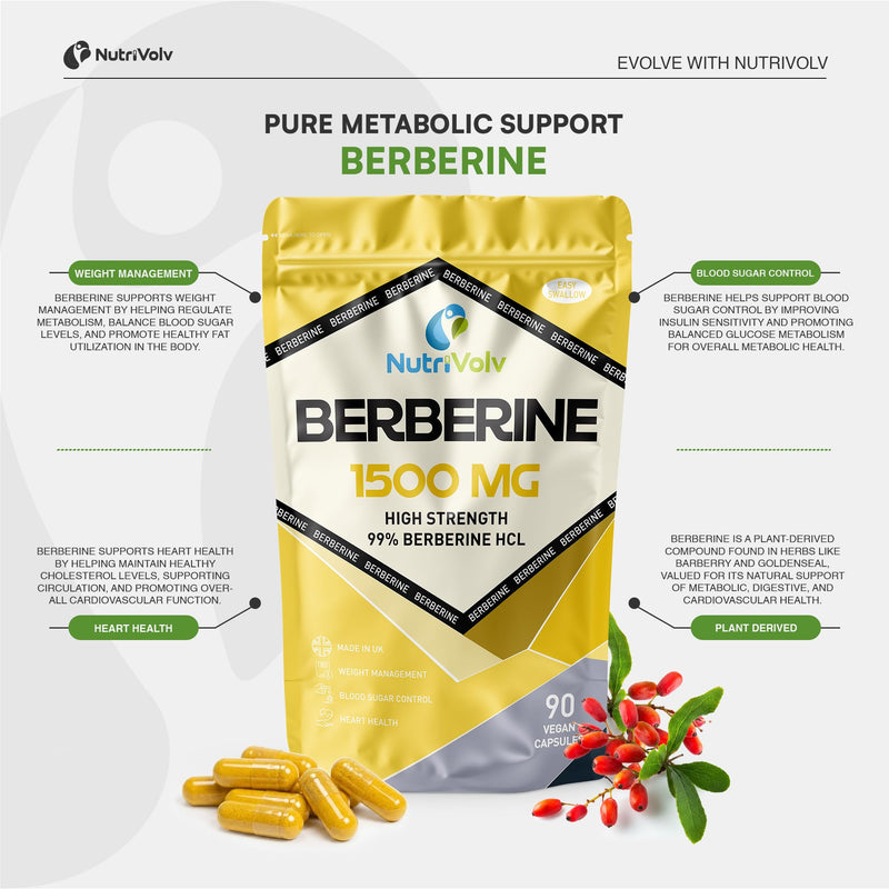 Berberine HCL 1500mg | 90 Vegan Capsules | 99% HCL High Strength | Minimum 3 Month Supply | No Additives, 100% Clean | Blood Sugar Support, AMPK Metabolism, Heart & Gut Health | Non-GMO | by NutriVolv