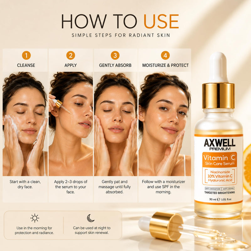 Axwell Vitamin C Serum for Face – 10% Vitamin C + Niacinamide – Daily Glow & Radiance Facial Serum with Hyaluronic Acid – Hydrating Skin Care for Even Tone (1 fl oz)