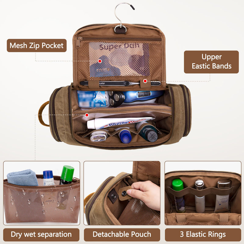 Yarwo Hanging Toiletry Travel Bag for Men, Waxed Canvas Dopp Kit Shave Bag | Detachable Zipper Pouch, Multiple Pockets, Water-resistant Hygiene Travel Bag, for Razor and Essentials, Xmas Gift for Man