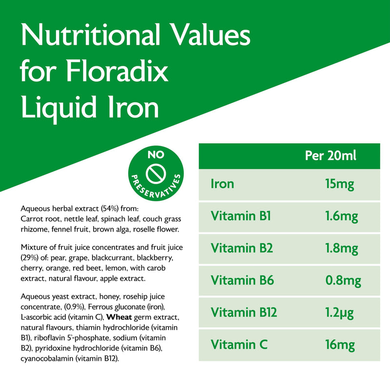 Salus Floradix Liquid Iron 250ml Supplement with Vitamin C & B-Complex. Iron contributes to the Reduction of Tiredness. Vegetarian. No preservatives. Suitable for Women, Men and Children 3+.