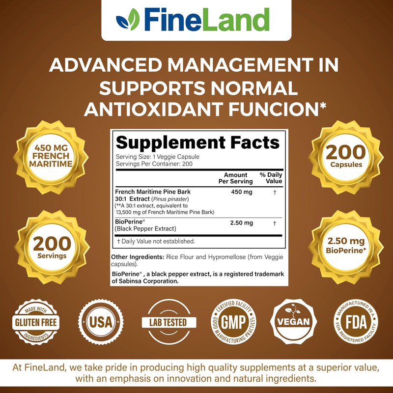 [Australia] - FineLand French Maritime Pine Bark 30:1 Extract Max Strength, 450 mg Per Capsule, Antioxidant, 200 Veggie Caps of Pine Bark Supplement for 200 Days, 100% Natural 