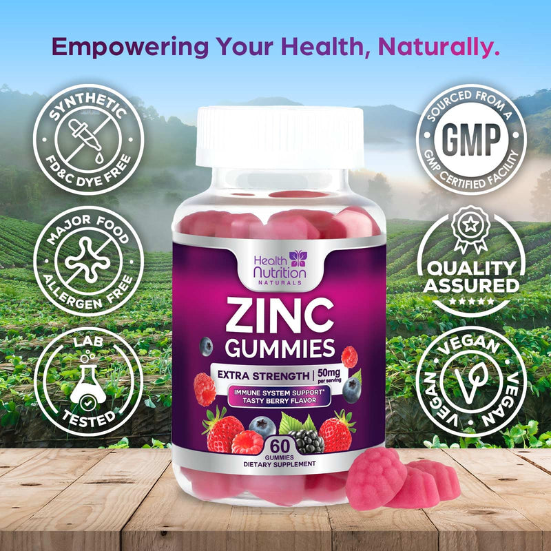 [Australia] - Zinc Supplement 50mg Gummies for Adults - Max Strength Skin Health & Immune Support Gummy, Vegan, Non-GMO & Gluten Free, Nature‚Äôs Antioxidant & Bone Health Chewable Tasty Berry Flavor - 60 Gummies 60 Count (Pack of 1) 